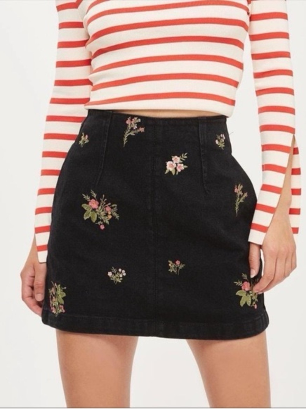 Topshop Black Embroidered Floral Mini Skirt - Feminine A-Line
